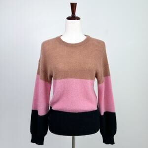 Marella Crewneck Mohair Blend Colorblock Pink Camel Rib Knit Long Sleeve Sweater